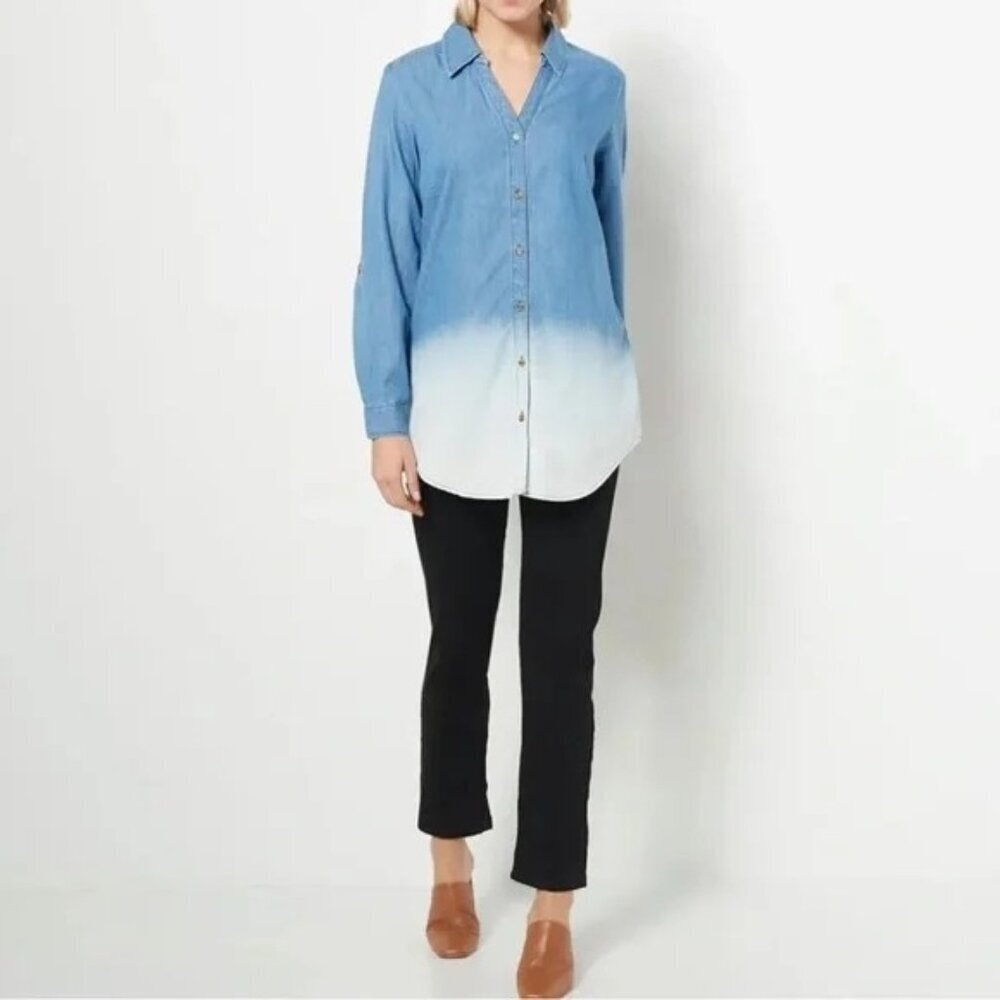 Susan Graver Denim Ombre Gradient Button-Down Shirt 3XP Blue White Long Sleeve‎